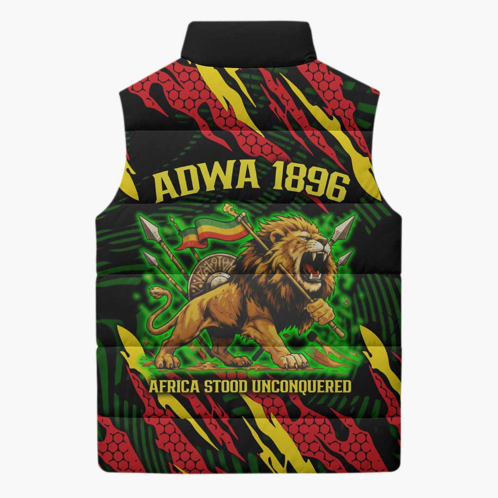 Menelik II Sleeveless Puffer Jacket with Lion of Adwa Title, Battle of Adwa 1896 Graphic and Bold Pan-African - African Pride