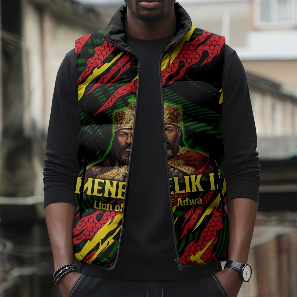 Menelik II Sleeveless Puffer Jacket with Lion of Adwa Title, Battle of Adwa 1896 Graphic and Bold Pan-African - African Pride