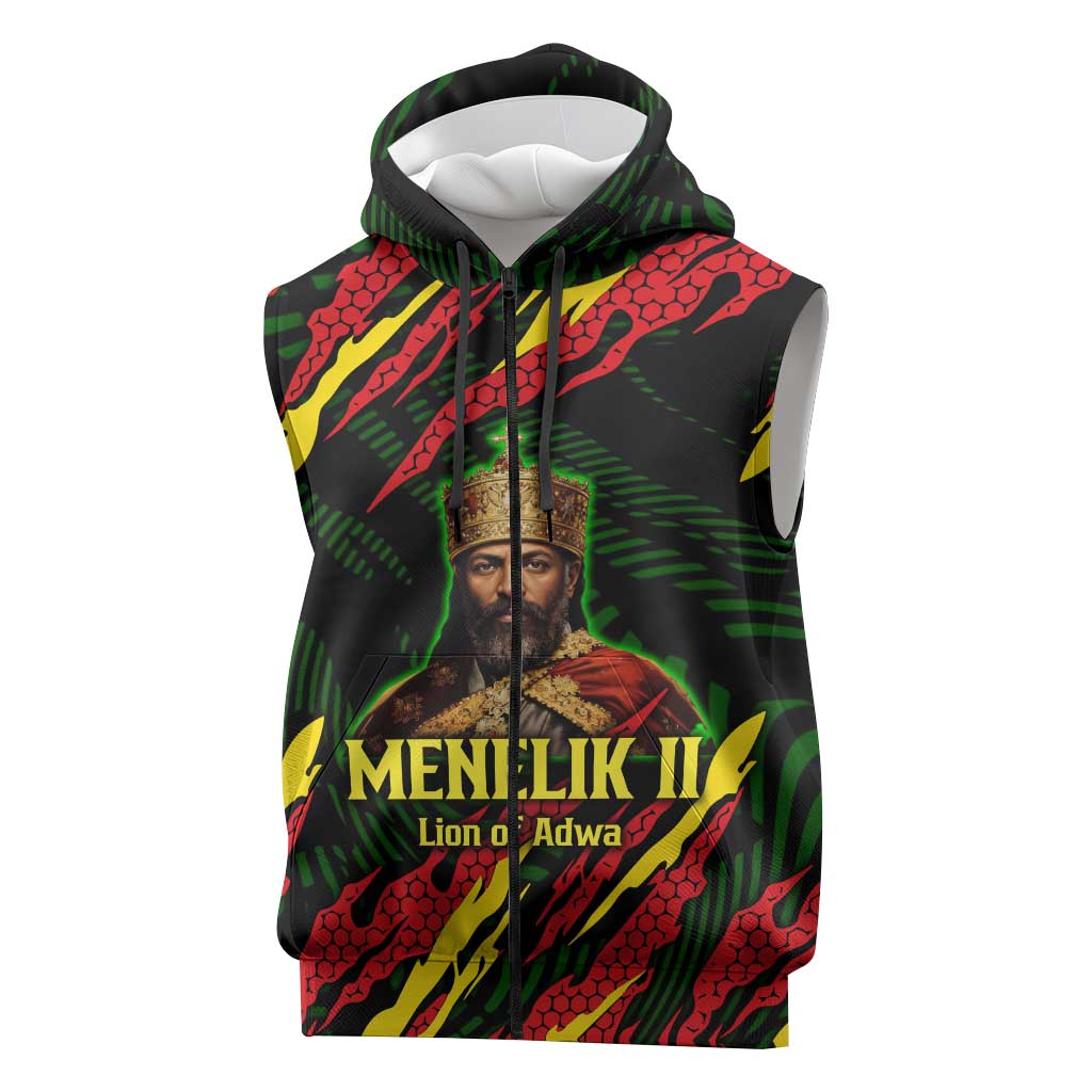 Menelik II Sleeveless Zip Hoodie with Lion of Adwa Title, Battle of Adwa 1896 Graphic and Bold Pan-African - African Pride