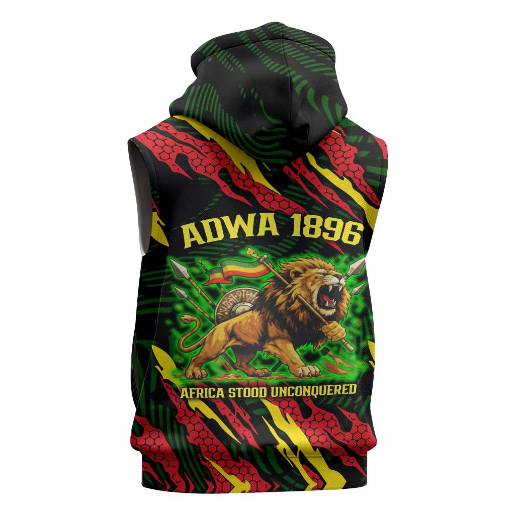 Menelik II Sleeveless Zip Hoodie with Lion of Adwa Title, Battle of Adwa 1896 Graphic and Bold Pan-African - African Pride