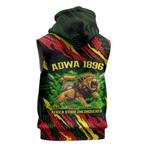 Menelik II Sleeveless Zip Hoodie with Lion of Adwa Title, Battle of Adwa 1896 Graphic and Bold Pan-African - African Pride