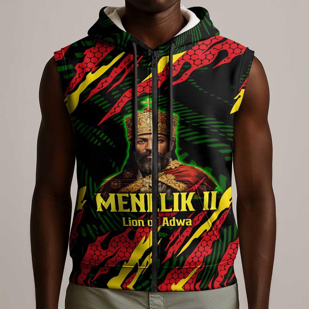 Menelik II Sleeveless Zip Hoodie with Lion of Adwa Title, Battle of Adwa 1896 Graphic and Bold Pan-African - African Pride