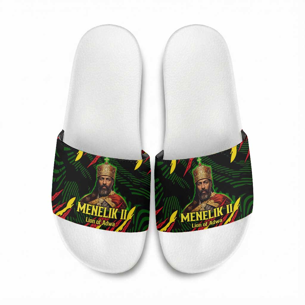 Menelik II Slide Sandals with Lion of Adwa Title, Battle of Adwa 1896 Graphic and Bold Pan-African - African Pride