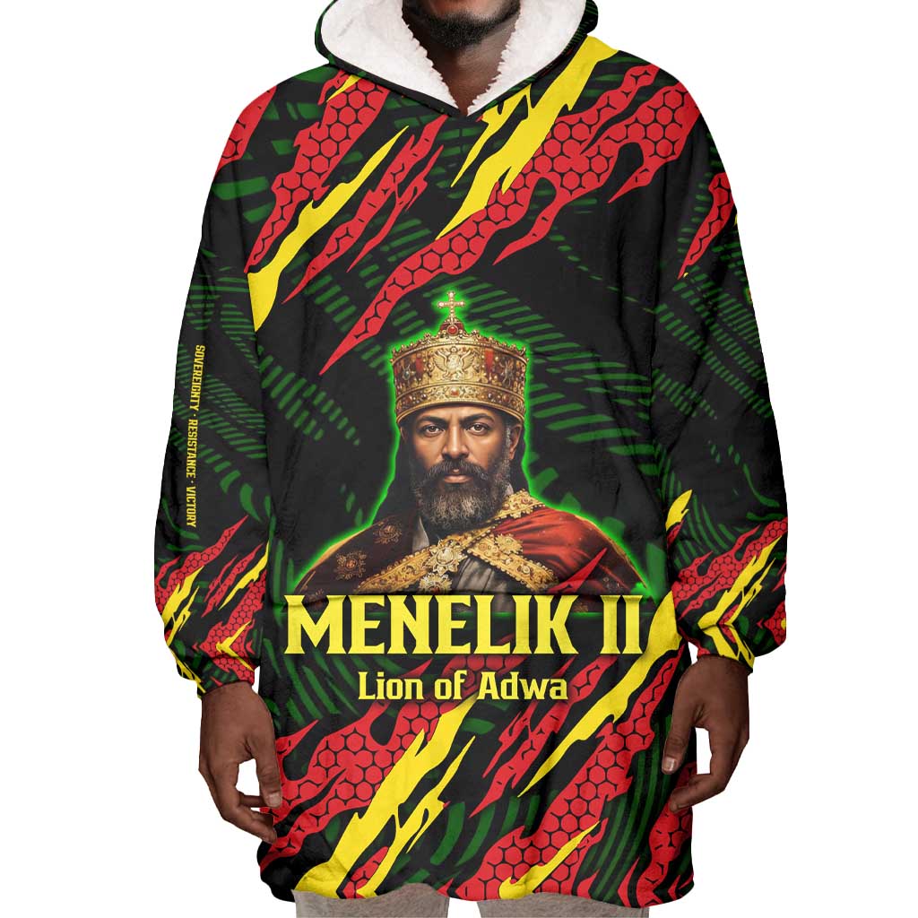 Menelik II Wearable Blanket Hoodie with Lion of Adwa Title, Battle of Adwa 1896 Graphic and Bold Pan-African - African Pride