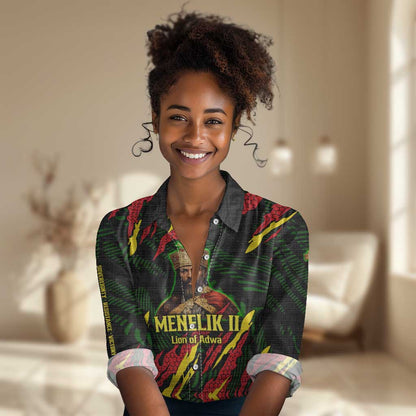 Menelik II Women Casual Shirt with Lion of Adwa Title, Battle of Adwa 1896 Graphic and Bold Pan-African - African Pride