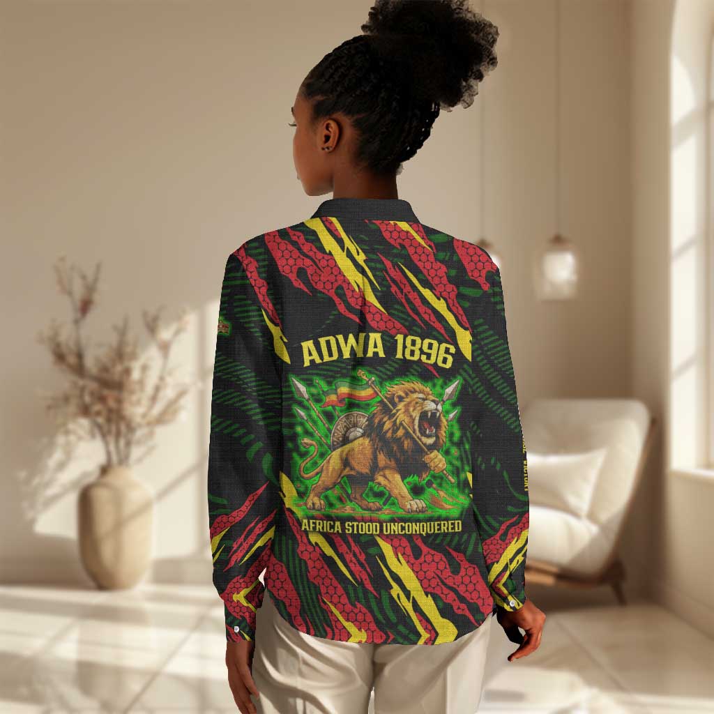 Menelik II Women Casual Shirt with Lion of Adwa Title, Battle of Adwa 1896 Graphic and Bold Pan-African - African Pride