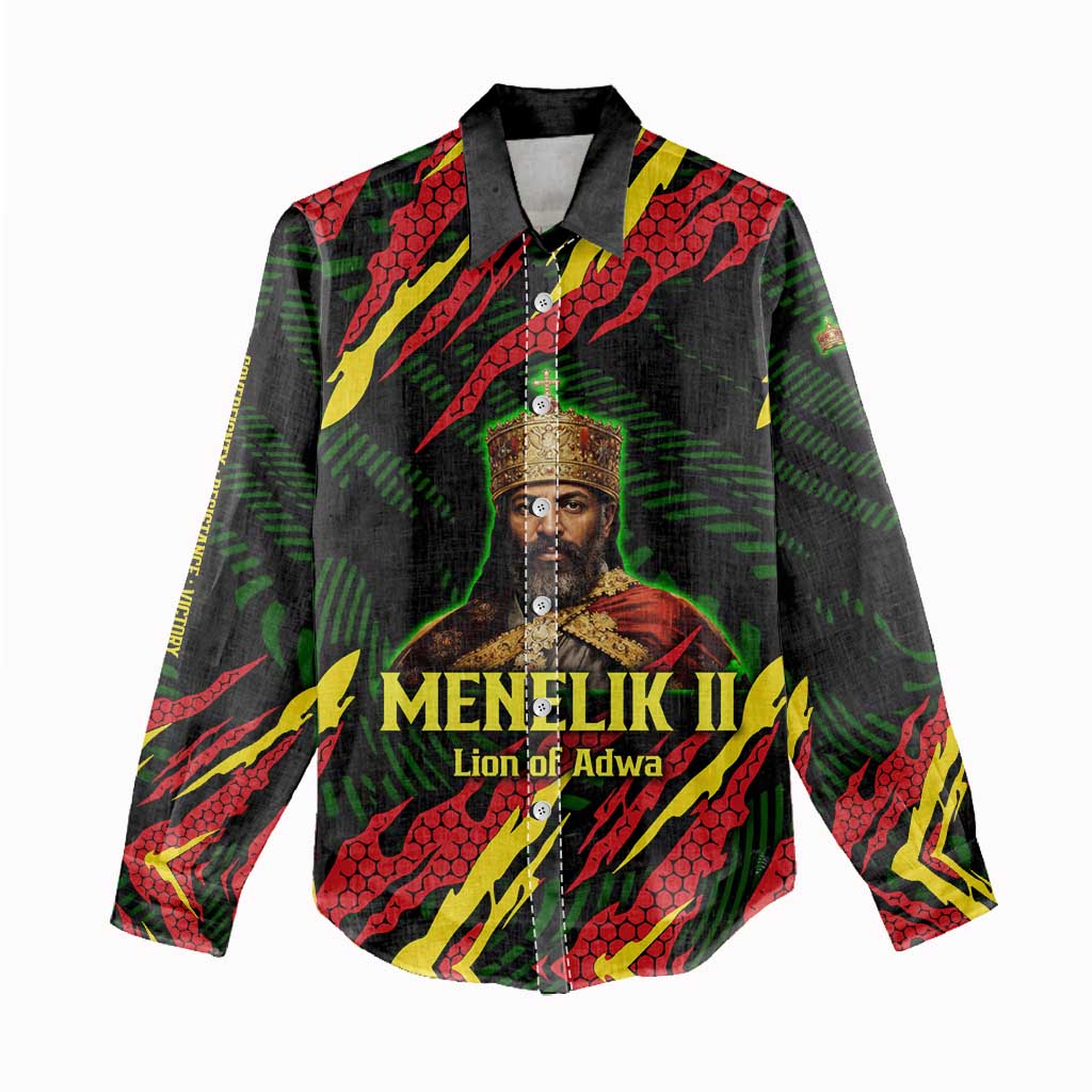 Menelik II Women Casual Shirt with Lion of Adwa Title, Battle of Adwa 1896 Graphic and Bold Pan-African - African Pride