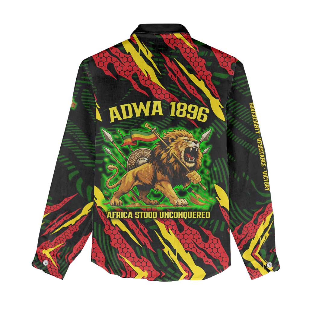 Menelik II Women Casual Shirt with Lion of Adwa Title, Battle of Adwa 1896 Graphic and Bold Pan-African - African Pride