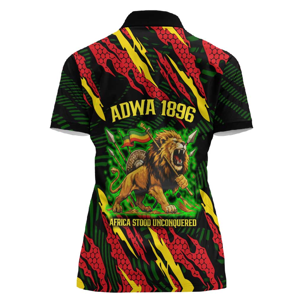 Menelik II Women Polo Shirt with Lion of Adwa Title, Battle of Adwa 1896 Graphic and Bold Pan-African - African Pride