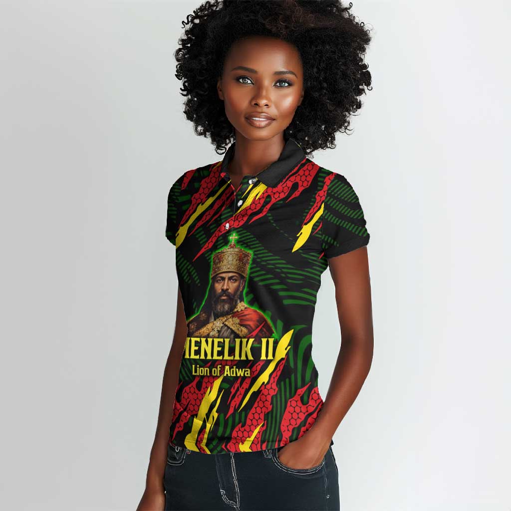 Menelik II Women Polo Shirt with Lion of Adwa Title, Battle of Adwa 1896 Graphic and Bold Pan-African - African Pride