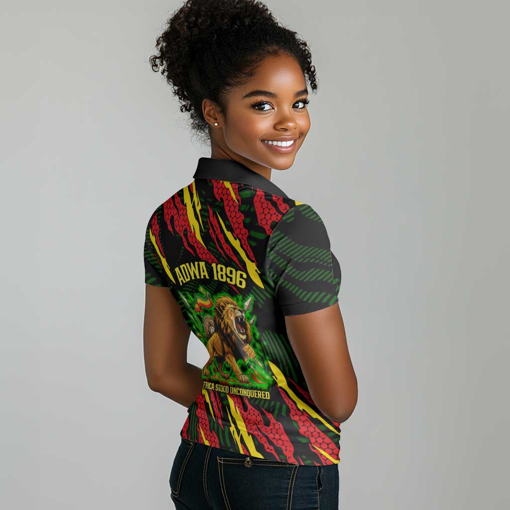 Menelik II Women Polo Shirt with Lion of Adwa Title, Battle of Adwa 1896 Graphic and Bold Pan-African - African Pride