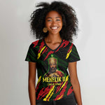 Menelik II Women V-Neck T-Shirt with Lion of Adwa Title, Battle of Adwa 1896 Graphic and Bold Pan-African - African Pride