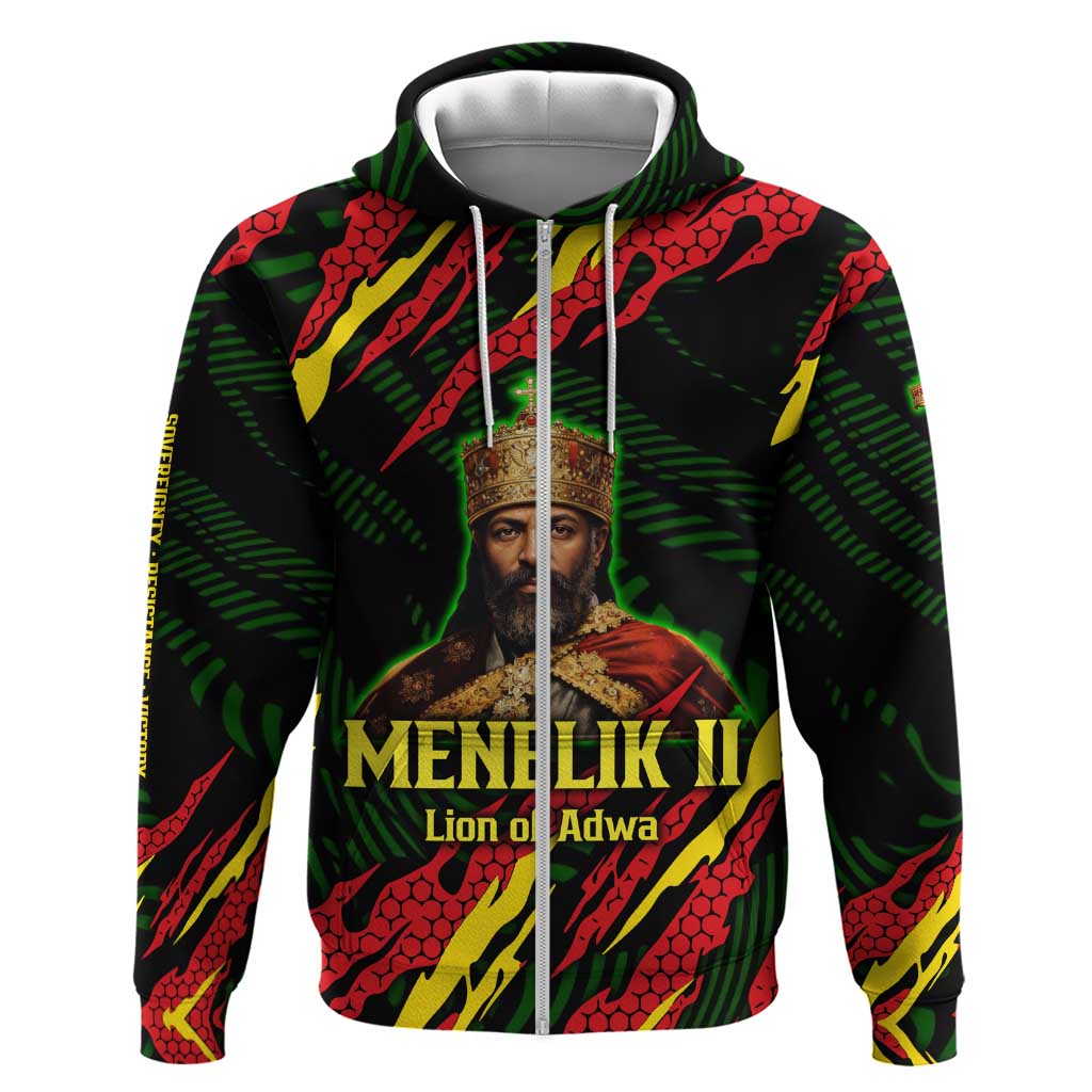 Menelik II Zip Hoodie with Lion of Adwa Title, Battle of Adwa 1896 Graphic and Bold Pan-African - African Pride