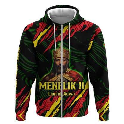 Menelik II Zip Hoodie with Lion of Adwa Title, Battle of Adwa 1896 Graphic and Bold Pan-African - African Pride