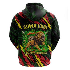 Menelik II Zip Hoodie with Lion of Adwa Title, Battle of Adwa 1896 Graphic and Bold Pan-African - African Pride