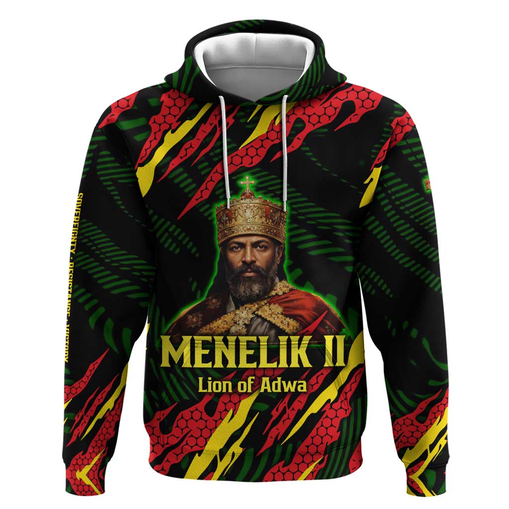 Menelik II Zip Hoodie with Lion of Adwa Title, Battle of Adwa 1896 Graphic and Bold Pan-African - African Pride