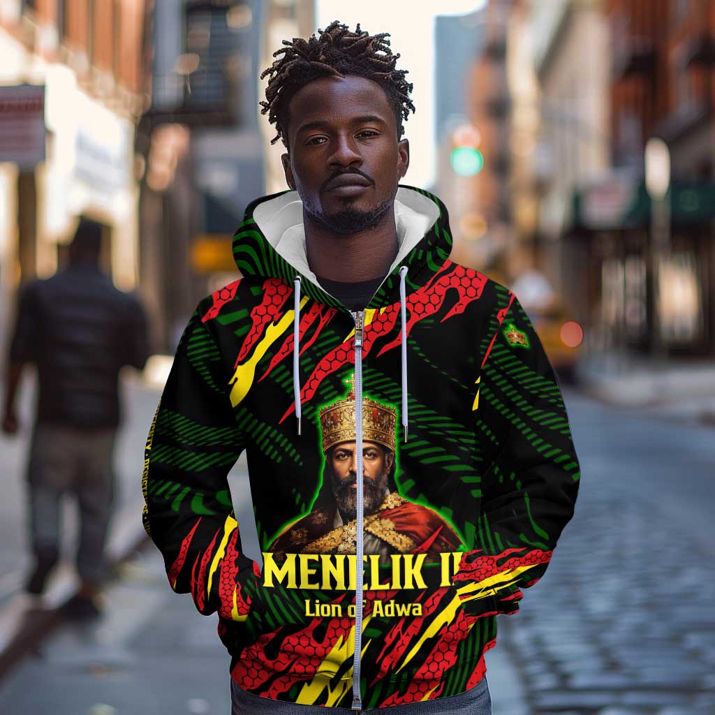 Menelik II Zip Hoodie with Lion of Adwa Title, Battle of Adwa 1896 Graphic and Bold Pan-African - African Pride