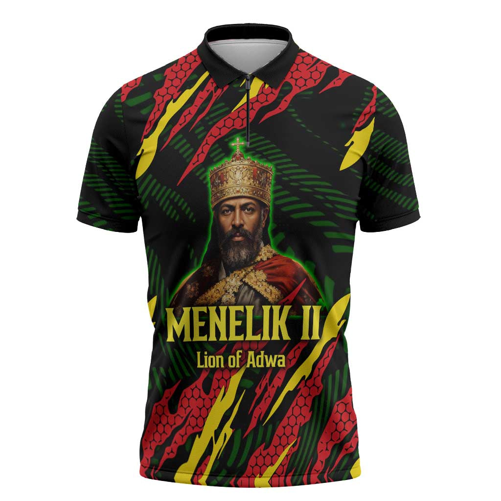 Menelik II Zipper Polo Shirt with Lion of Adwa Title, Battle of Adwa 1896 Graphic and Bold Pan-African - African Pride