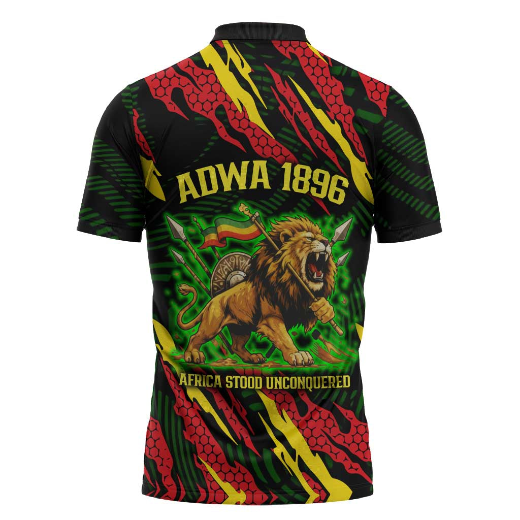 Menelik II Zipper Polo Shirt with Lion of Adwa Title, Battle of Adwa 1896 Graphic and Bold Pan-African - African Pride