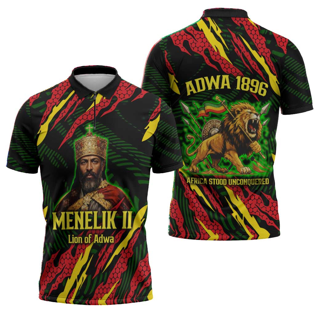 Menelik II Zipper Polo Shirt with Lion of Adwa Title, Battle of Adwa 1896 Graphic and Bold Pan-African - African Pride