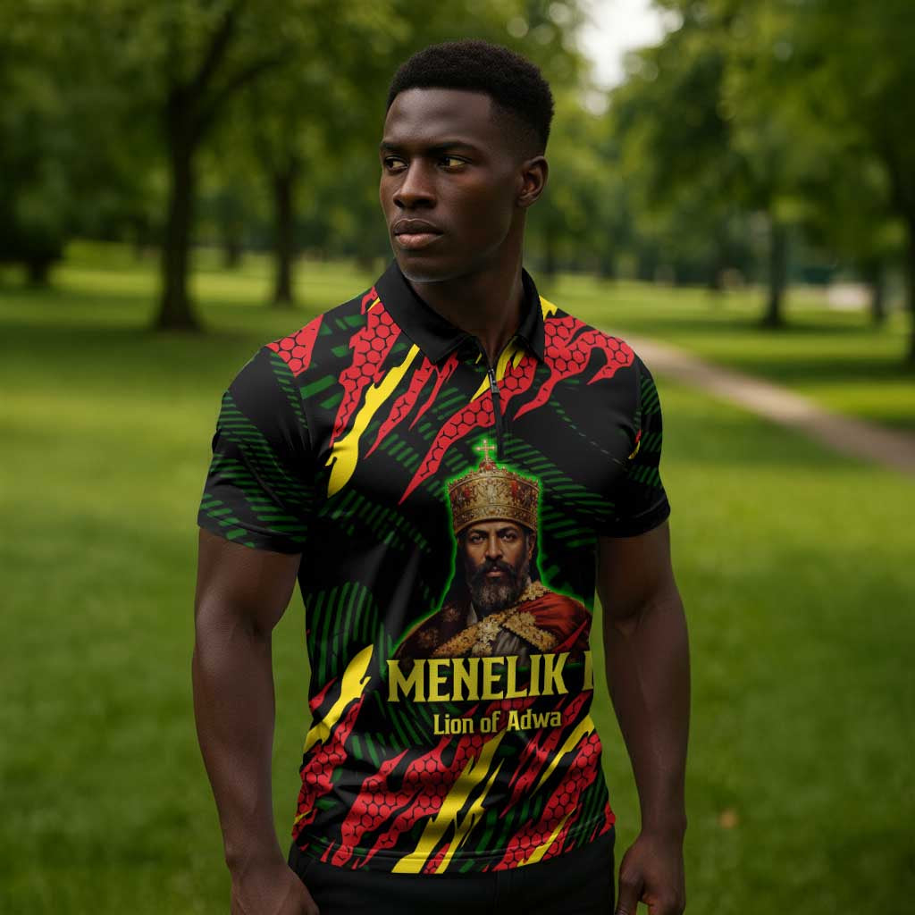 Menelik II Zipper Polo Shirt with Lion of Adwa Title, Battle of Adwa 1896 Graphic and Bold Pan-African - African Pride