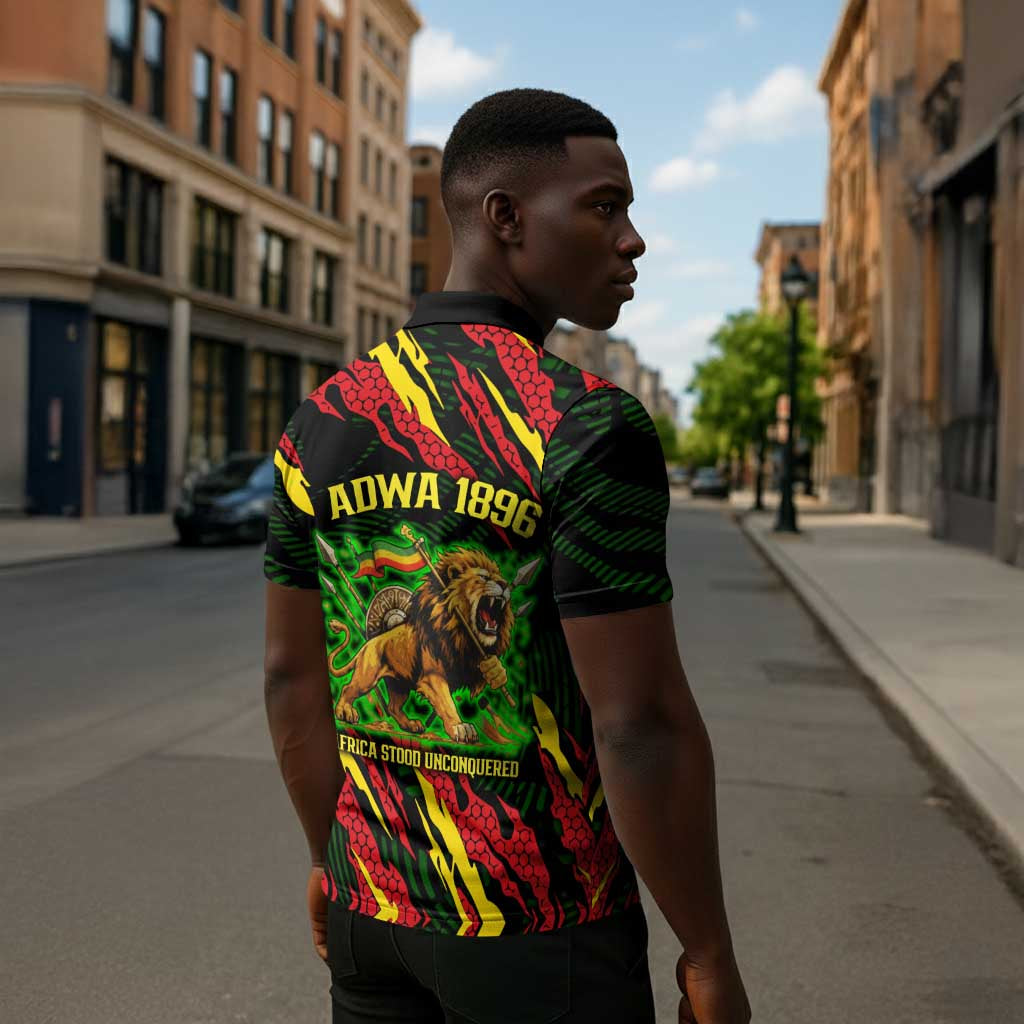 Menelik II Zipper Polo Shirt with Lion of Adwa Title, Battle of Adwa 1896 Graphic and Bold Pan-African - African Pride