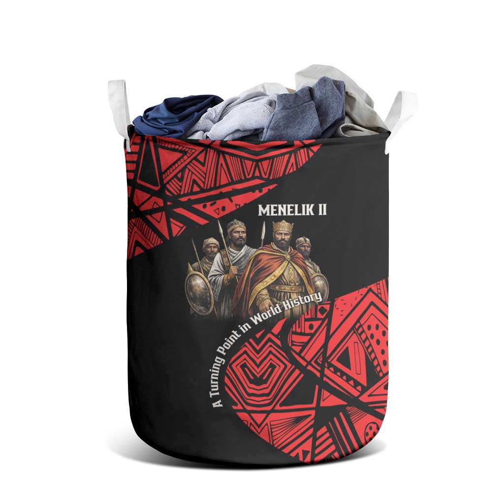 Menelik II Laundry Basket with Adwa Victory Map, Africa Defeated an Empire Text and Red Geometric - African Pride
