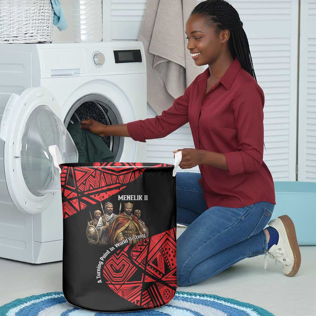Menelik II Laundry Basket with Adwa Victory Map, Africa Defeated an Empire Text and Red Geometric - African Pride