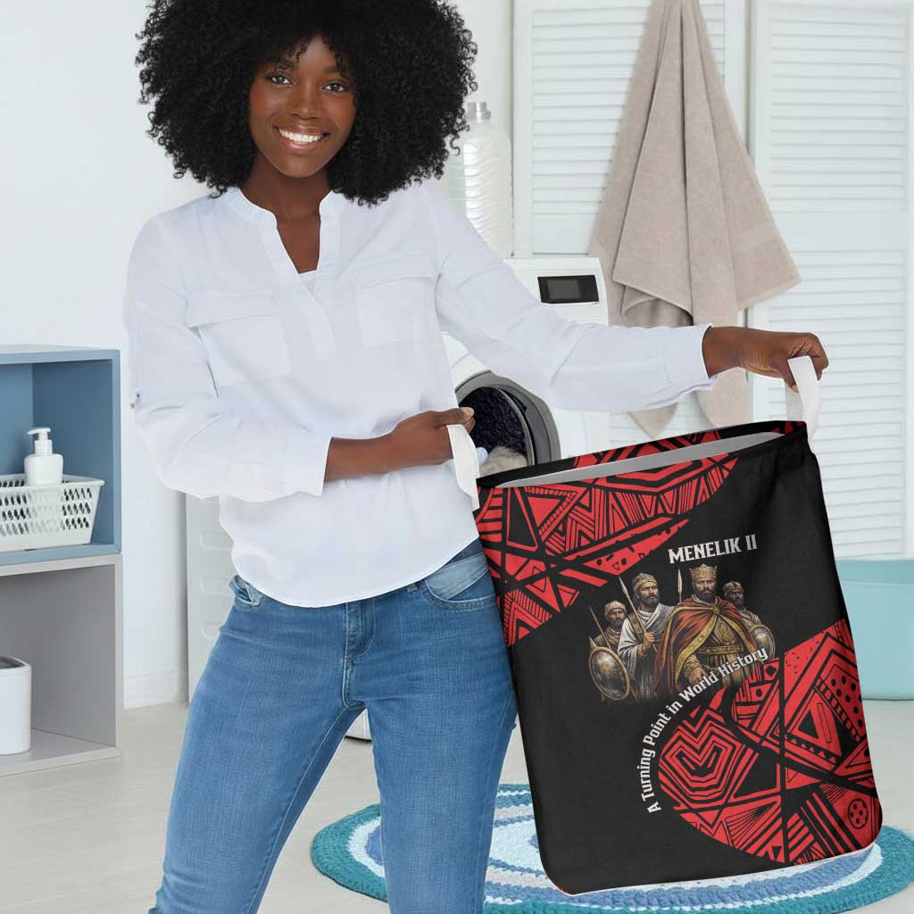 Menelik II Laundry Basket with Adwa Victory Map, Africa Defeated an Empire Text and Red Geometric - African Pride