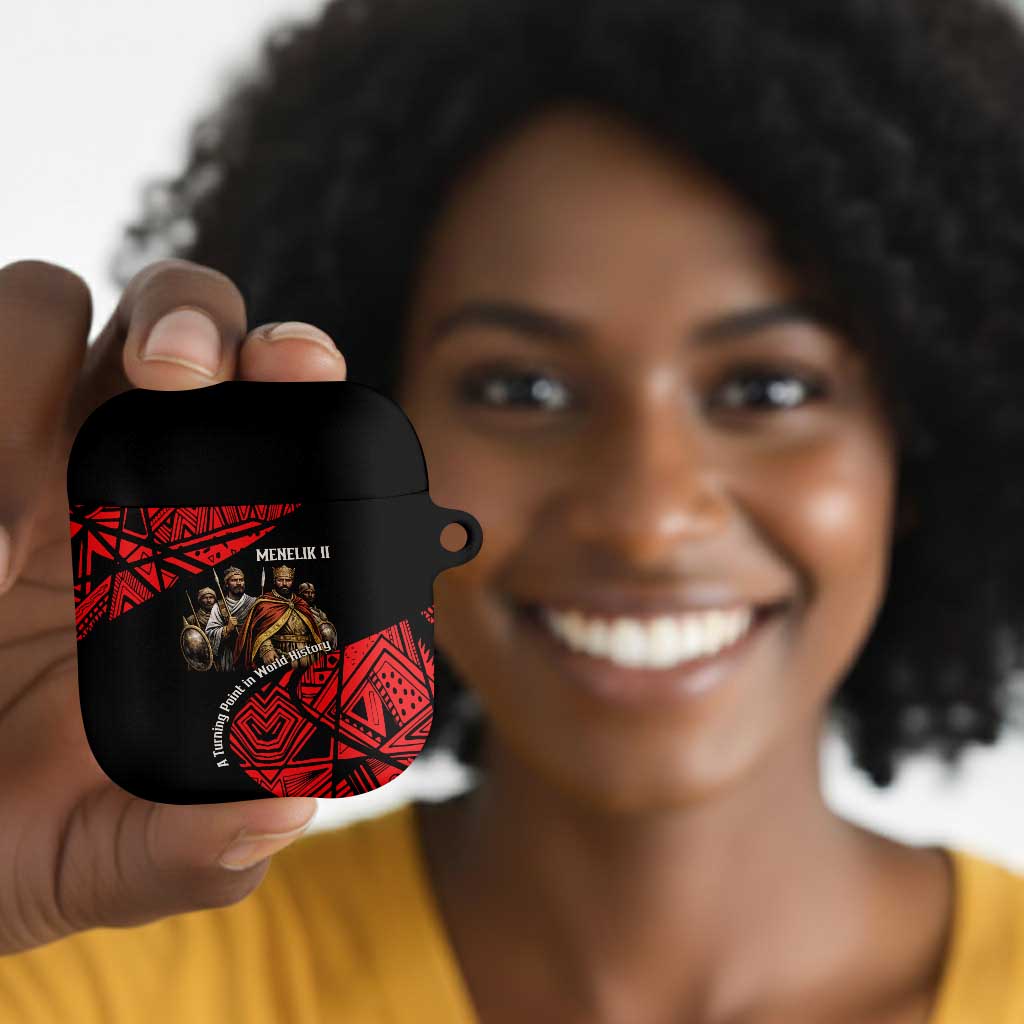 Menelik II AirPods Case with Adwa Victory Map, Africa Defeated an Empire Text and Red Geometric - African Pride