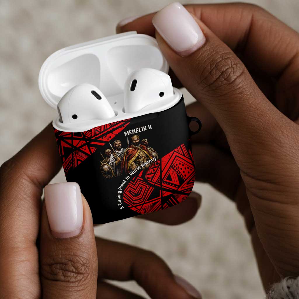 Menelik II AirPods Case with Adwa Victory Map, Africa Defeated an Empire Text and Red Geometric - African Pride