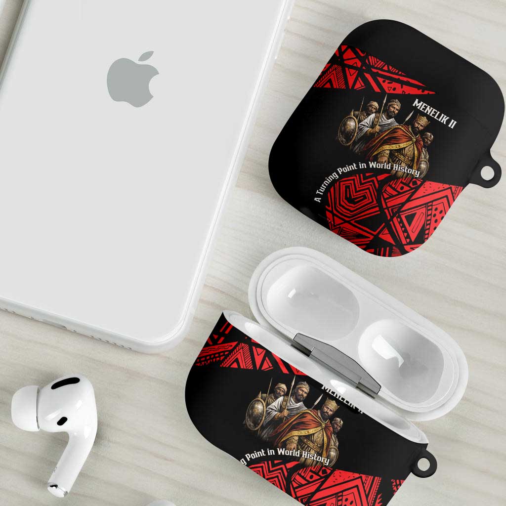Menelik II AirPods Case with Adwa Victory Map, Africa Defeated an Empire Text and Red Geometric - African Pride