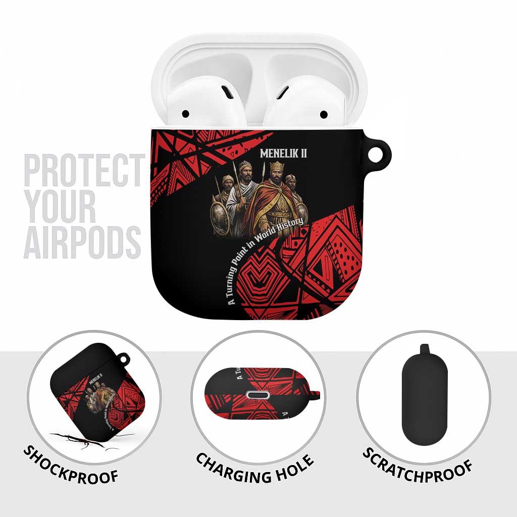 Menelik II AirPods Case with Adwa Victory Map, Africa Defeated an Empire Text and Red Geometric - African Pride