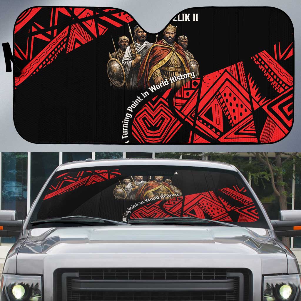 Menelik II Auto Sun Shade with Adwa Victory Map, Africa Defeated an Empire Text and Red Geometric - African Pride