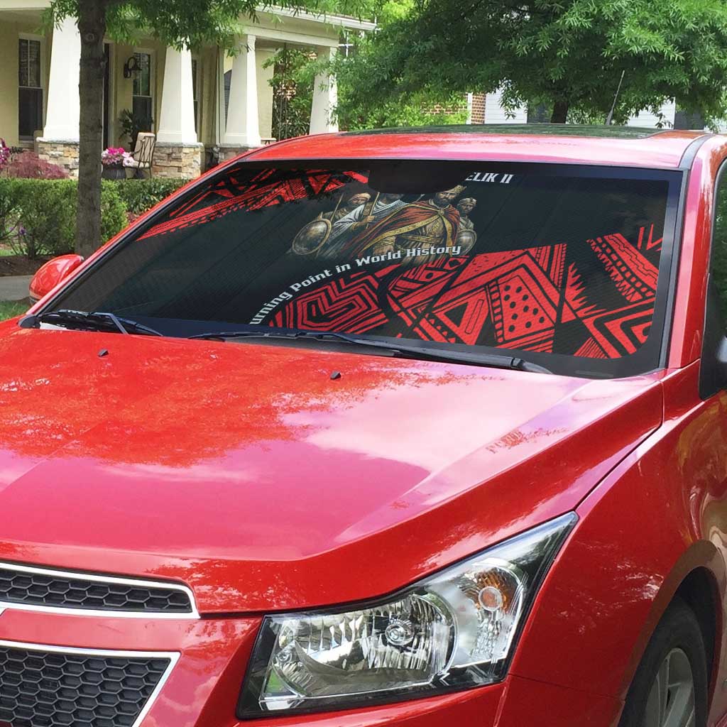 Menelik II Auto Sun Shade with Adwa Victory Map, Africa Defeated an Empire Text and Red Geometric - African Pride
