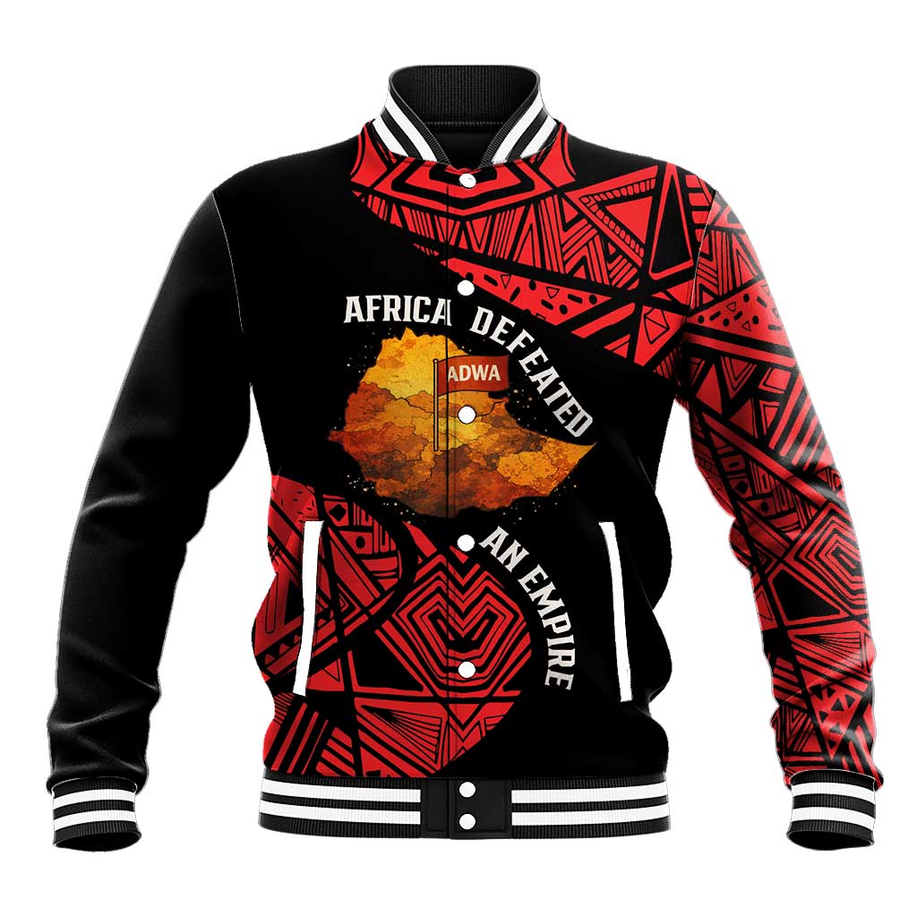 Menelik II Baseball Jacket with Adwa Victory Map, Africa Defeated an Empire Text and Red Geometric - African Pride