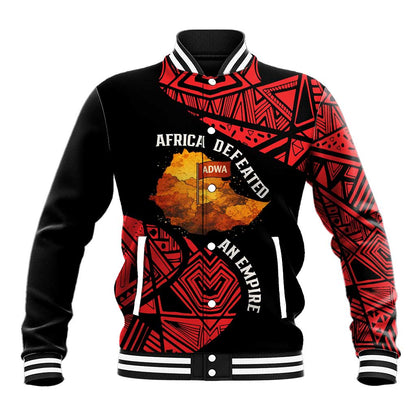 Menelik II Baseball Jacket with Adwa Victory Map, Africa Defeated an Empire Text and Red Geometric - African Pride