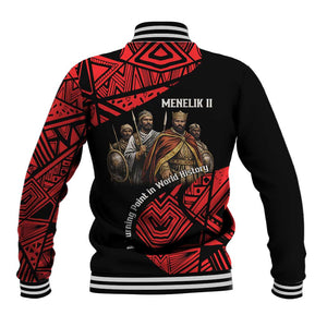 Menelik II Baseball Jacket with Adwa Victory Map, Africa Defeated an Empire Text and Red Geometric - African Pride