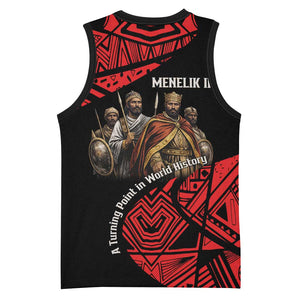 Menelik II Basketball Jersey with Adwa Victory Map, Africa Defeated an Empire Text and Red Geometric - African Pride