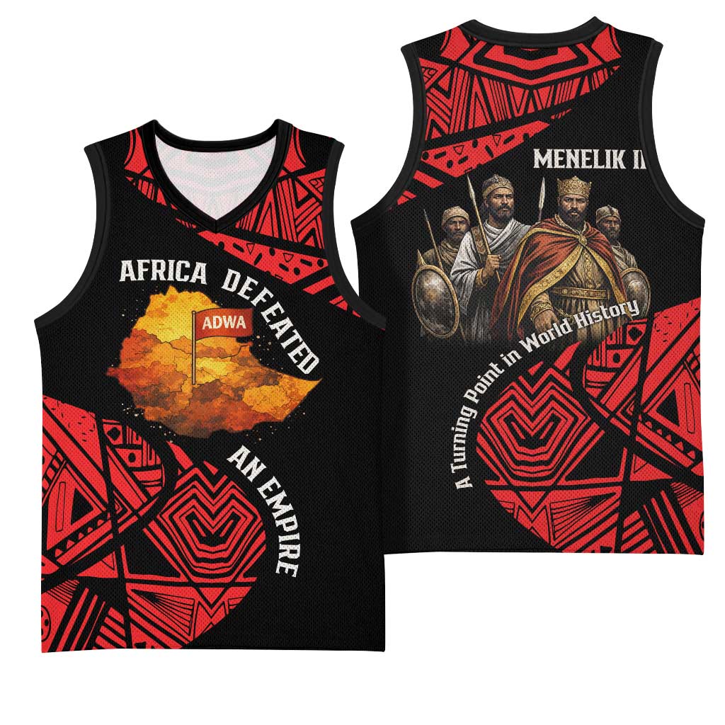 Menelik II Basketball Jersey with Adwa Victory Map, Africa Defeated an Empire Text and Red Geometric - African Pride