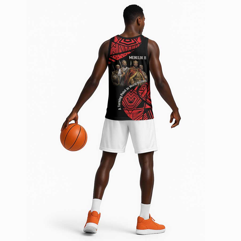 Menelik II Basketball Jersey with Adwa Victory Map, Africa Defeated an Empire Text and Red Geometric - African Pride
