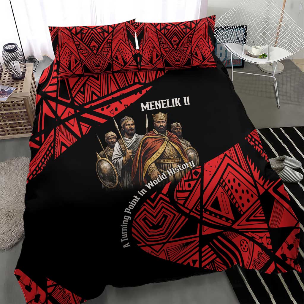 Menelik II Bedding Set with Adwa Victory Map, Africa Defeated an Empire Text and Red Geometric - African Pride