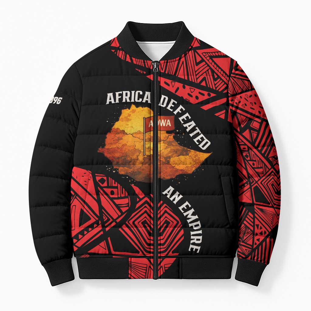 Menelik II Bomber Puffer Jacket with Adwa Victory Map, Africa Defeated an Empire Text and Red Geometric - African Pride