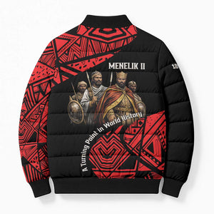 Menelik II Bomber Puffer Jacket with Adwa Victory Map, Africa Defeated an Empire Text and Red Geometric - African Pride