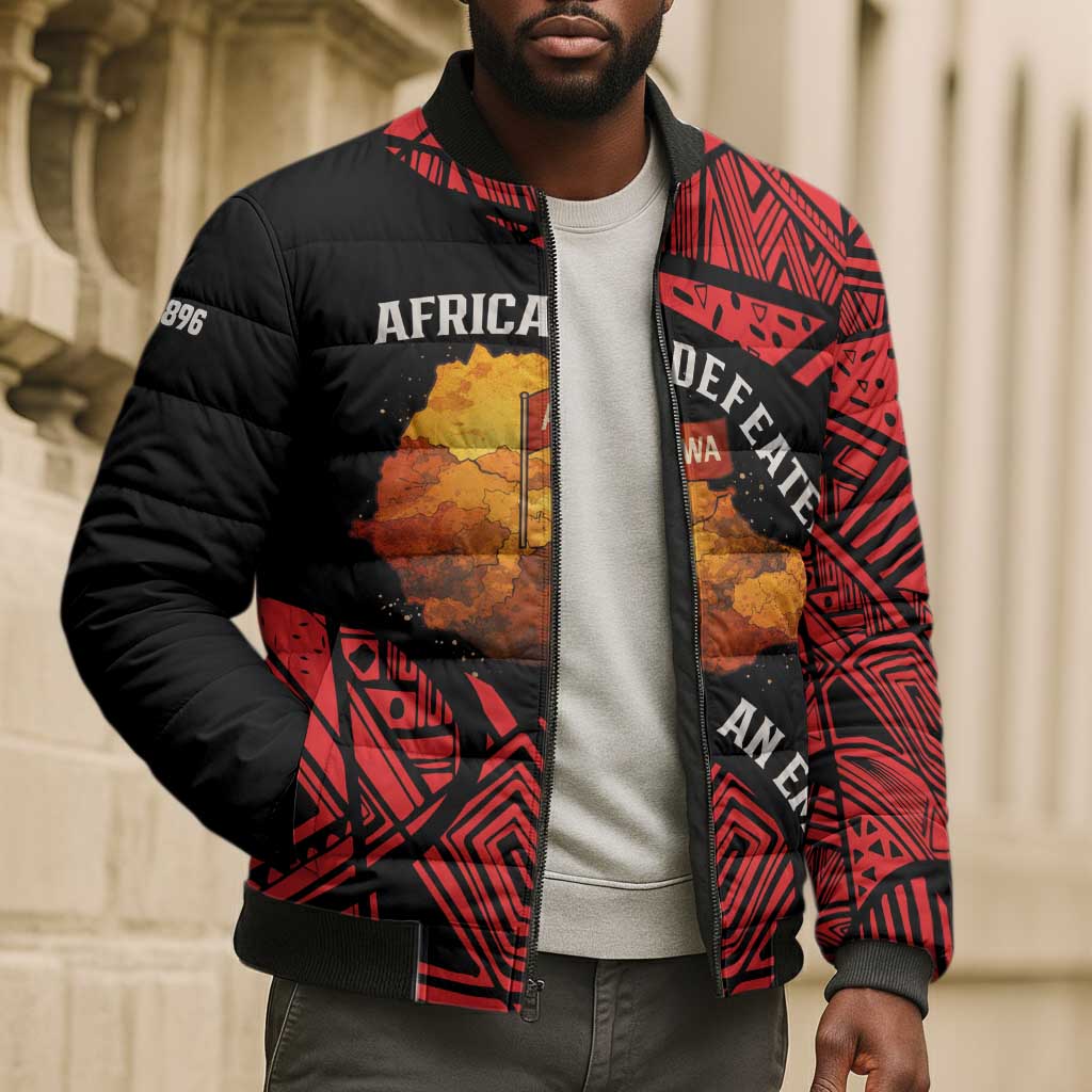 Menelik II Bomber Puffer Jacket with Adwa Victory Map, Africa Defeated an Empire Text and Red Geometric - African Pride