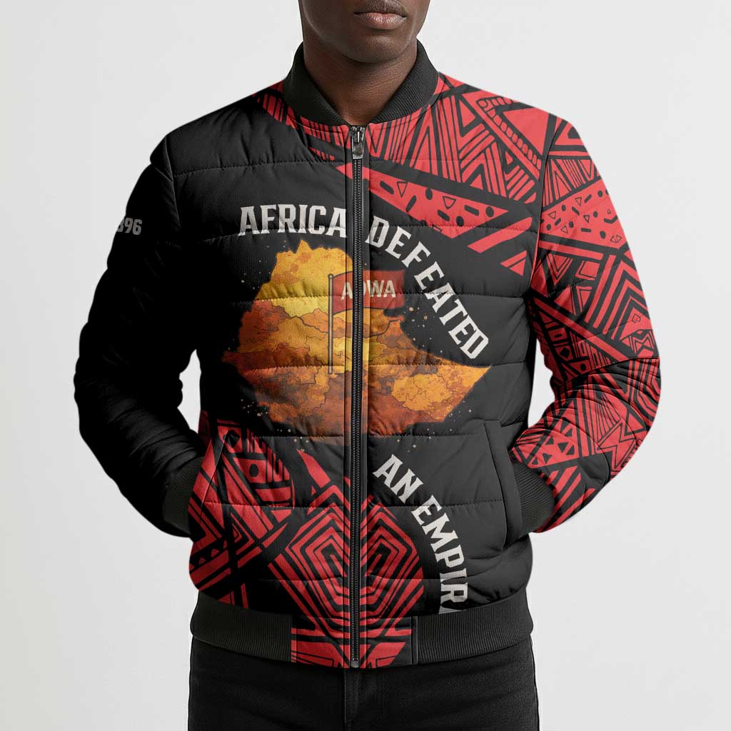 Menelik II Bomber Puffer Jacket with Adwa Victory Map, Africa Defeated an Empire Text and Red Geometric - African Pride