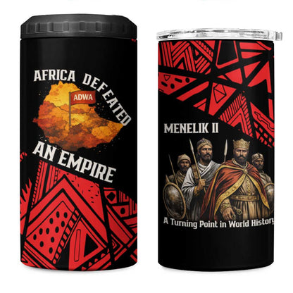 Menelik II 4 in 1 Can Cooler Tumbler with Adwa Victory Map, Africa Defeated an Empire Text and Red Geometric - African Pride