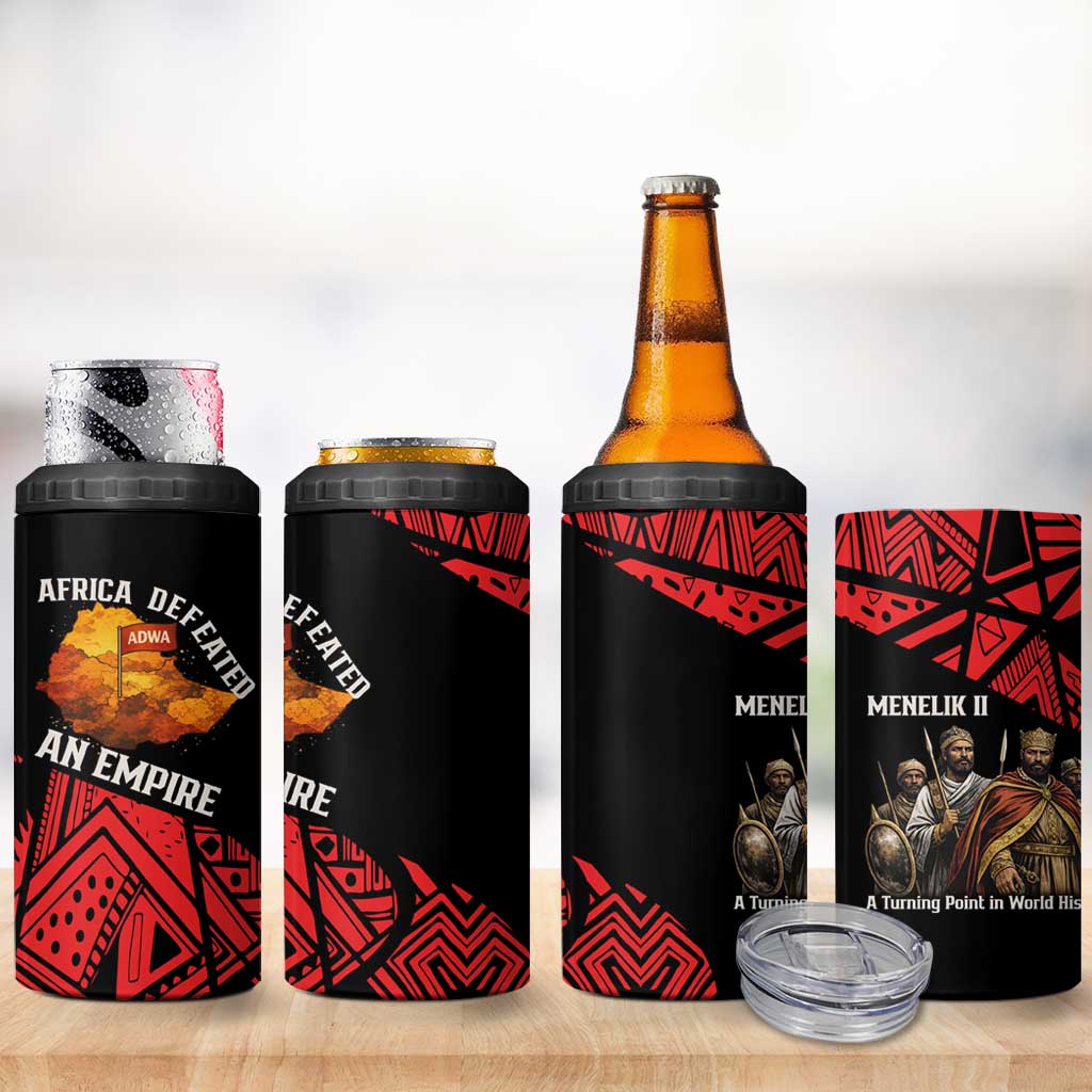 Menelik II 4 in 1 Can Cooler Tumbler with Adwa Victory Map, Africa Defeated an Empire Text and Red Geometric - African Pride