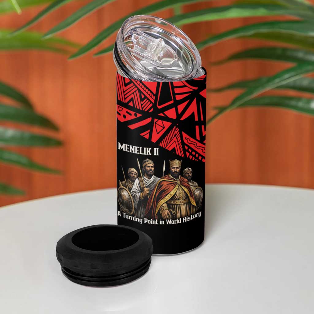 Menelik II 4 in 1 Can Cooler Tumbler with Adwa Victory Map, Africa Defeated an Empire Text and Red Geometric - African Pride