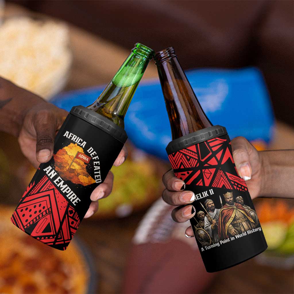 Menelik II 4 in 1 Can Cooler Tumbler with Adwa Victory Map, Africa Defeated an Empire Text and Red Geometric - African Pride
